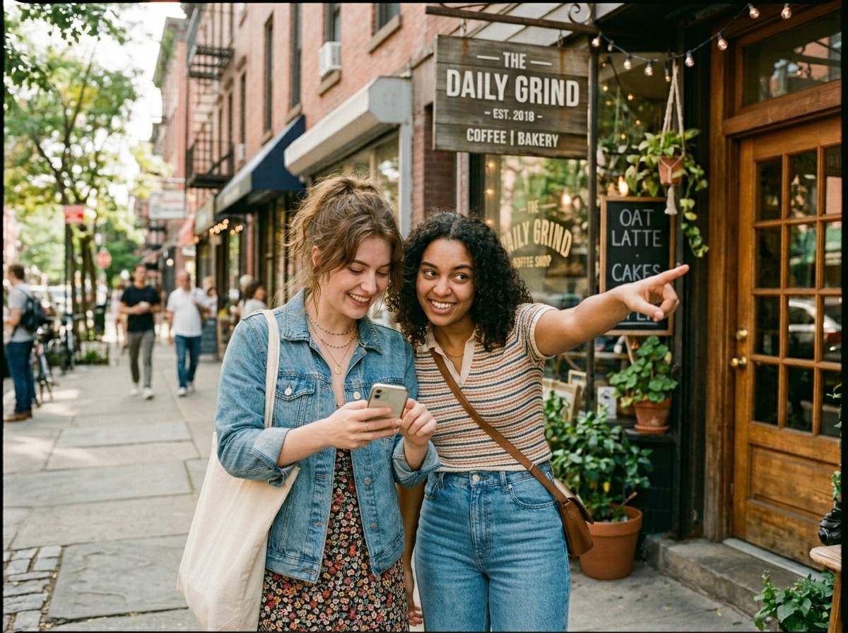 Two friends chatting outside a coffee shop
