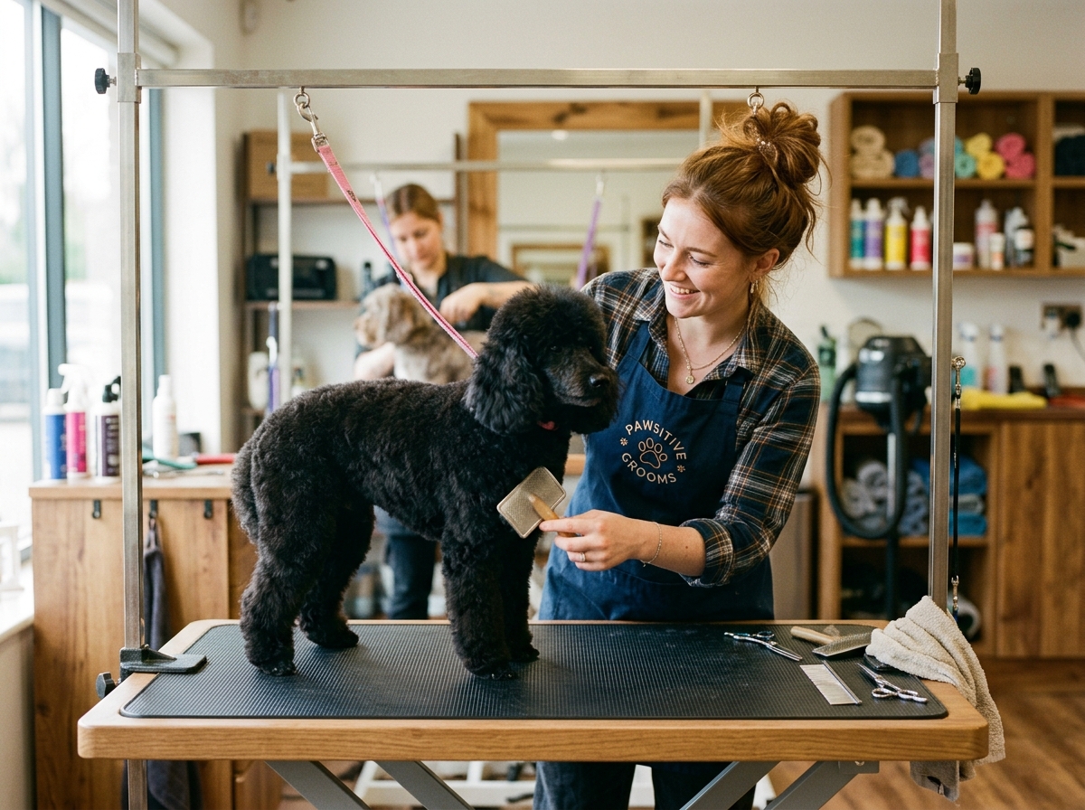 Dog groomer brushing a poodle