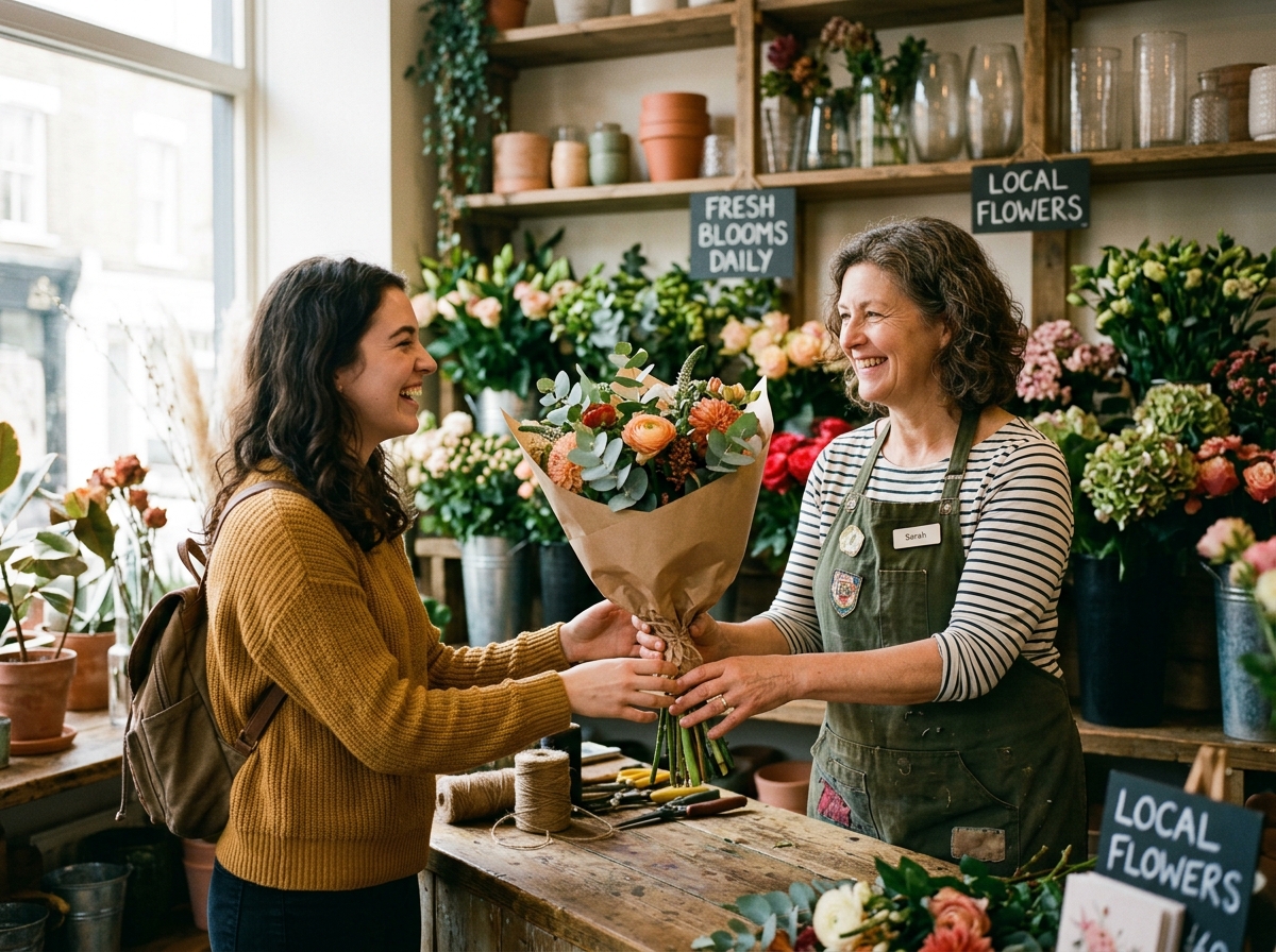 Florist handing a bouquet to a customer