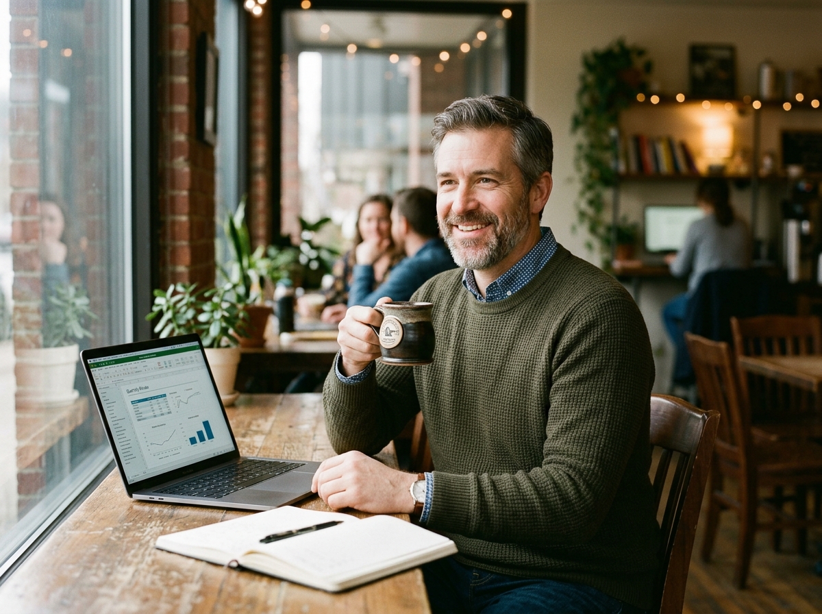 Business owner working on a laptop with a coffee