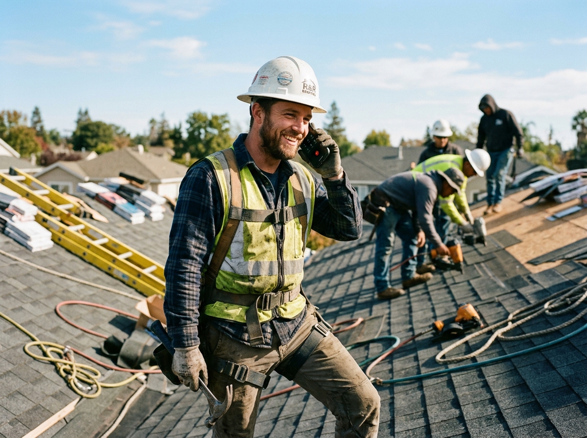 Roofer answering a call on a rooftop